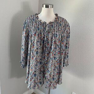 Rose+Olive Womens Plus 2X Floral Smocked Blouse Ruffled Neckline 3/4 Sleeves Top